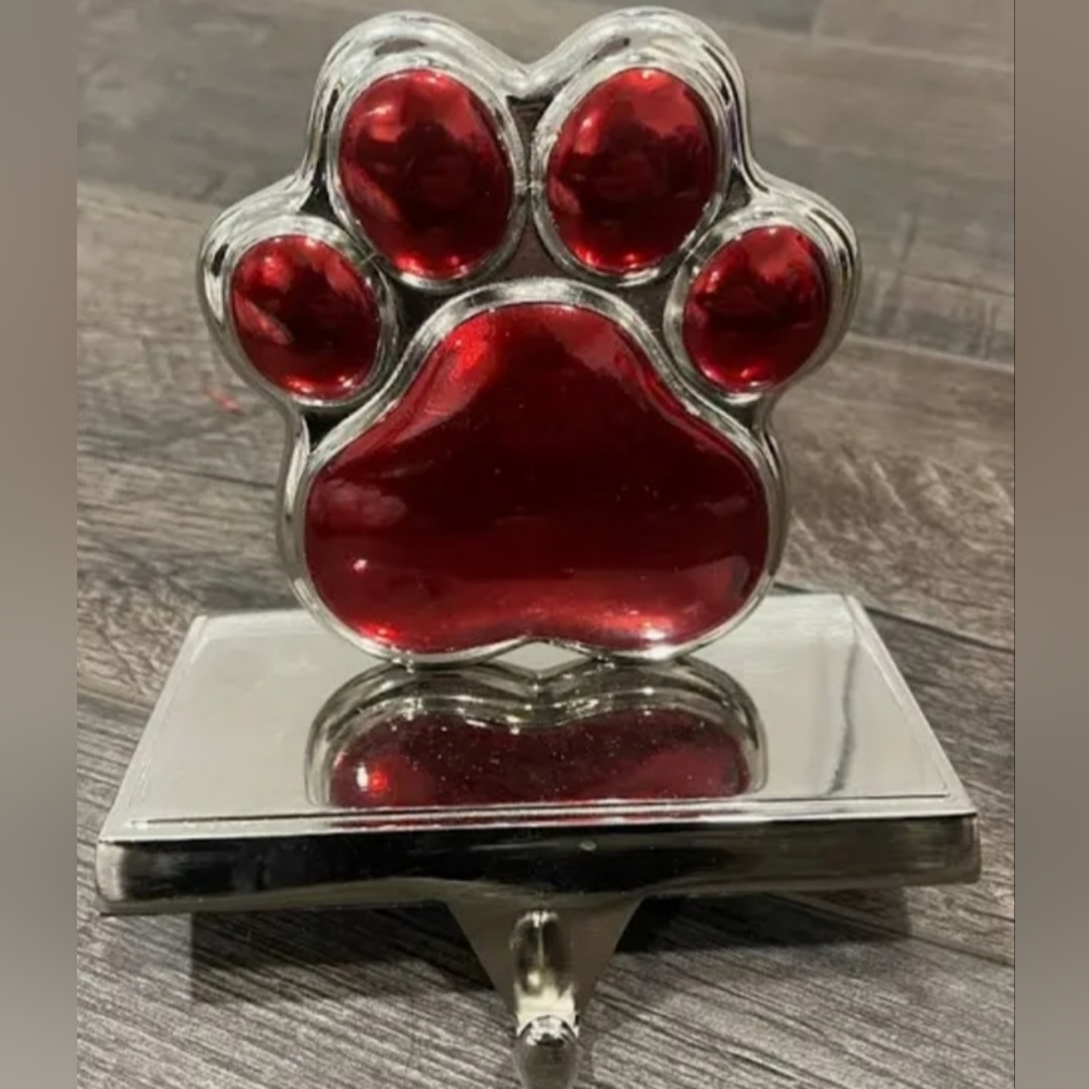 Silver and Red Paw Print Stocking Holder.  Strong And Heavy.